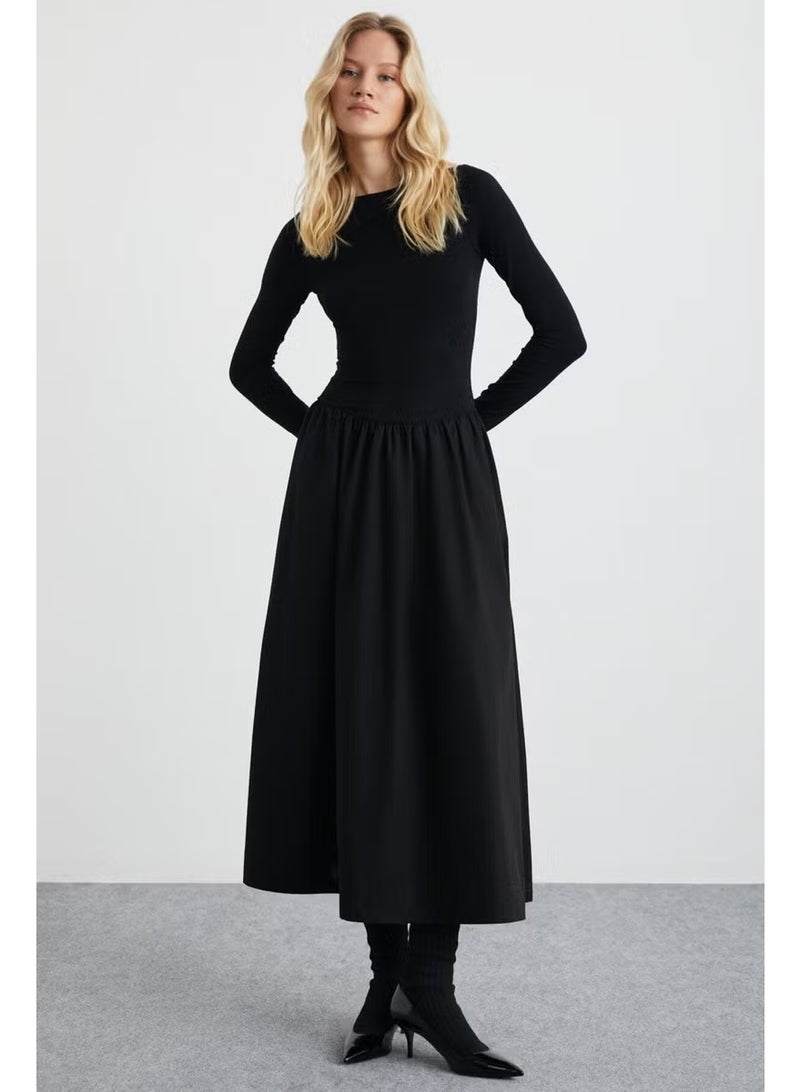 GRIMELANGE PANI Women Maxi Length Skirt Part Woven Poplin Flared Skirt Upper Part Flexible Stylish Black Dress - Image 1